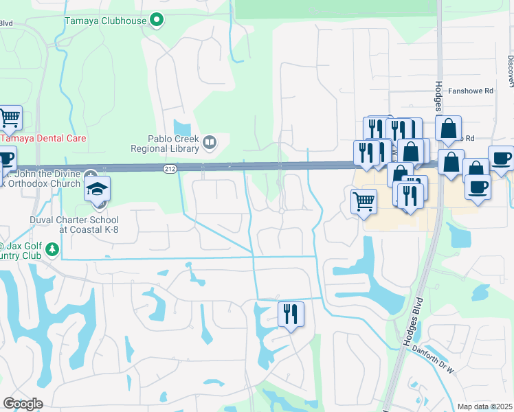 map of restaurants, bars, coffee shops, grocery stores, and more near 3583 Pebble Path Lane in Jacksonville