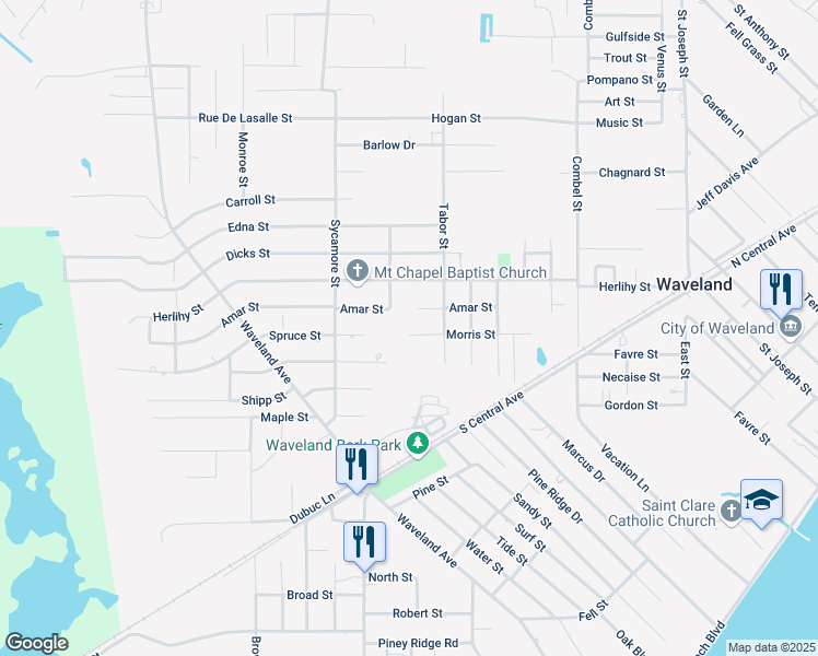 map of restaurants, bars, coffee shops, grocery stores, and more near 799 Morris Street in Waveland