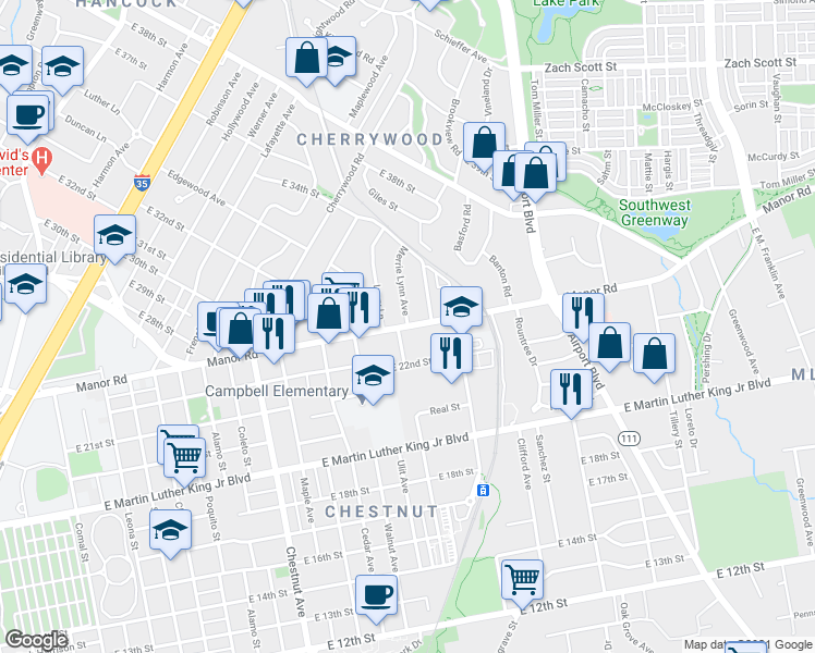 map of restaurants, bars, coffee shops, grocery stores, and more near Manor Rd & Merrie Lynn Ave in Austin