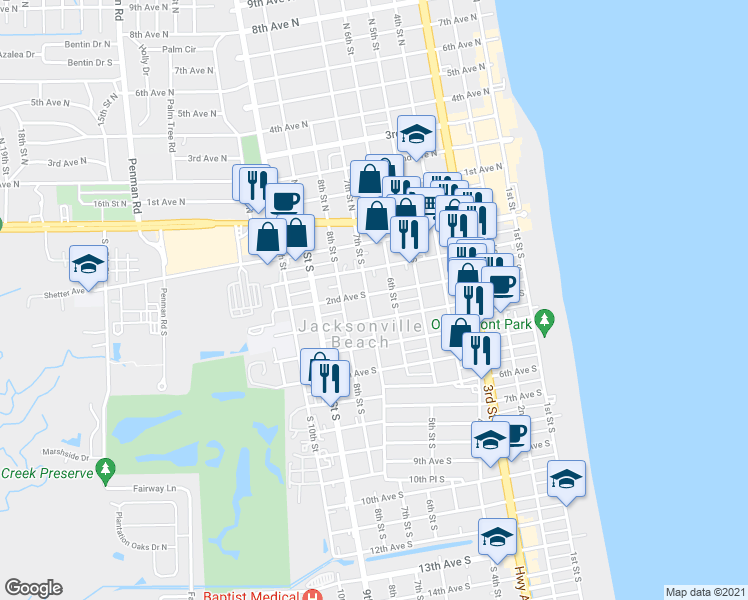 map of restaurants, bars, coffee shops, grocery stores, and more near 711 3rd Avenue South in Jacksonville Beach