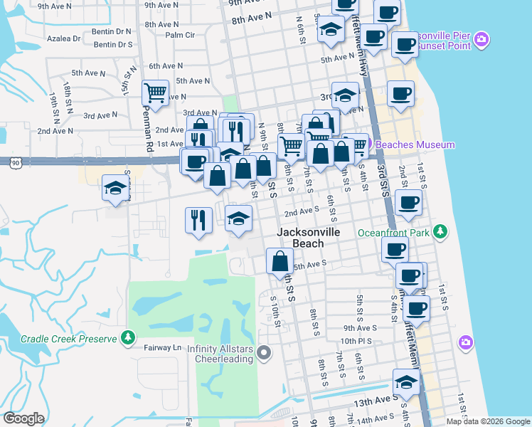 map of restaurants, bars, coffee shops, grocery stores, and more near 936 2nd Avenue South in Jacksonville Beach