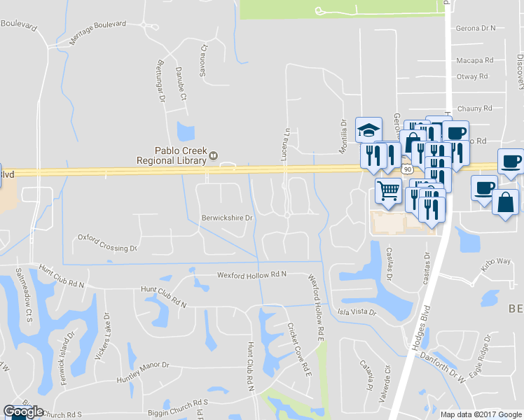 map of restaurants, bars, coffee shops, grocery stores, and more near 13123 Berwickshire Drive in Jacksonville