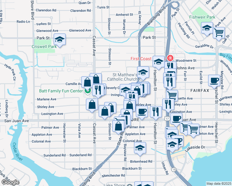 map of restaurants, bars, coffee shops, grocery stores, and more near 4742 Irvington Avenue in Jacksonville