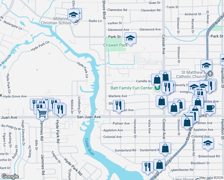 map of restaurants, bars, coffee shops, grocery stores, and more near 5335 Marlene Avenue in Jacksonville