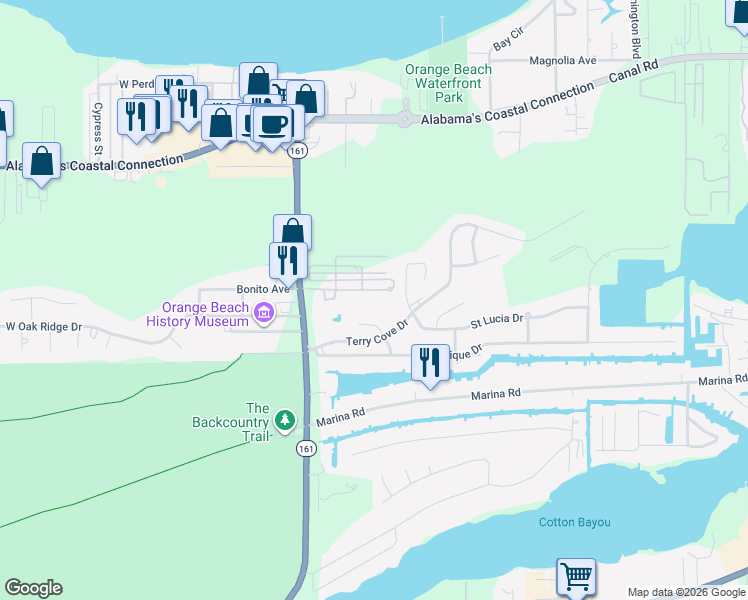 map of restaurants, bars, coffee shops, grocery stores, and more near 4105 Martinique Court in Orange Beach