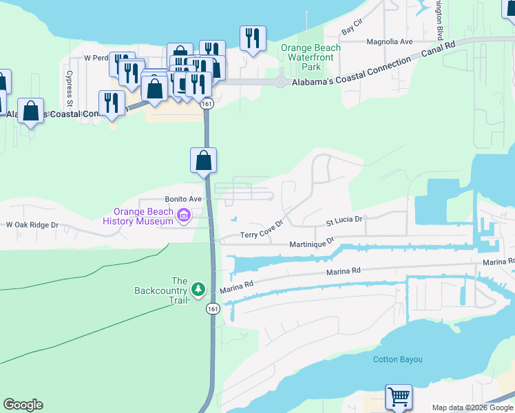map of restaurants, bars, coffee shops, grocery stores, and more near 4105 Martinique Court in Orange Beach