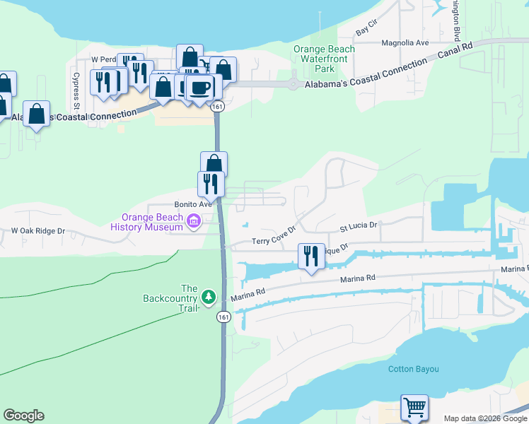 map of restaurants, bars, coffee shops, grocery stores, and more near 4008 Martinique Court in Orange Beach