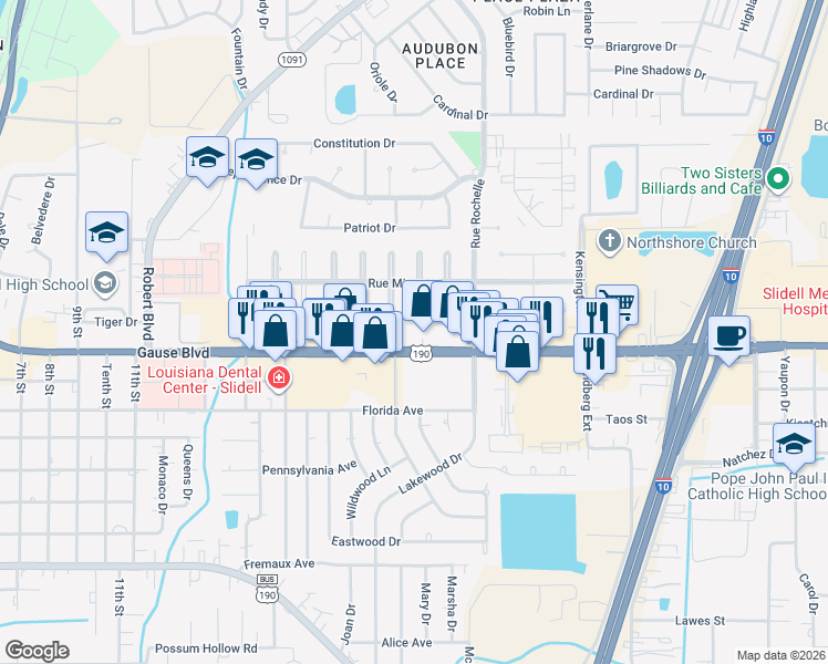 map of restaurants, bars, coffee shops, grocery stores, and more near 1323 Englewood Drive in Slidell