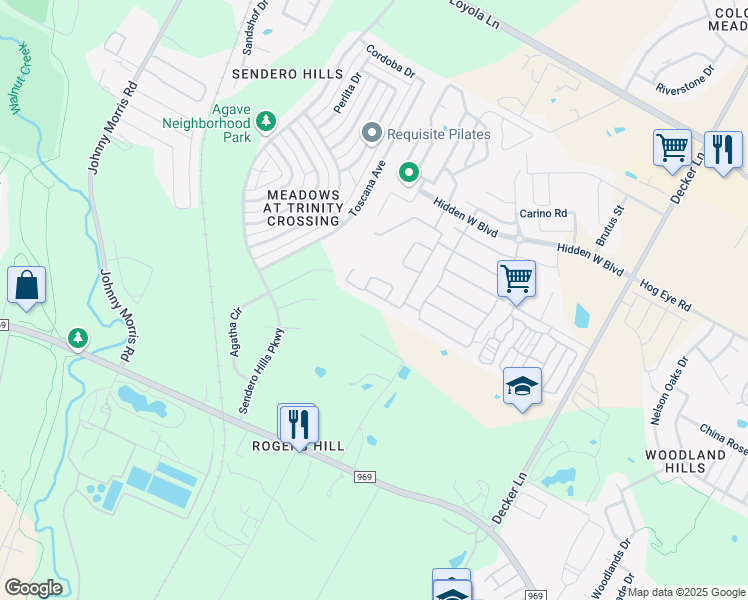 map of restaurants, bars, coffee shops, grocery stores, and more near 7629 Hidden View Circle in Austin