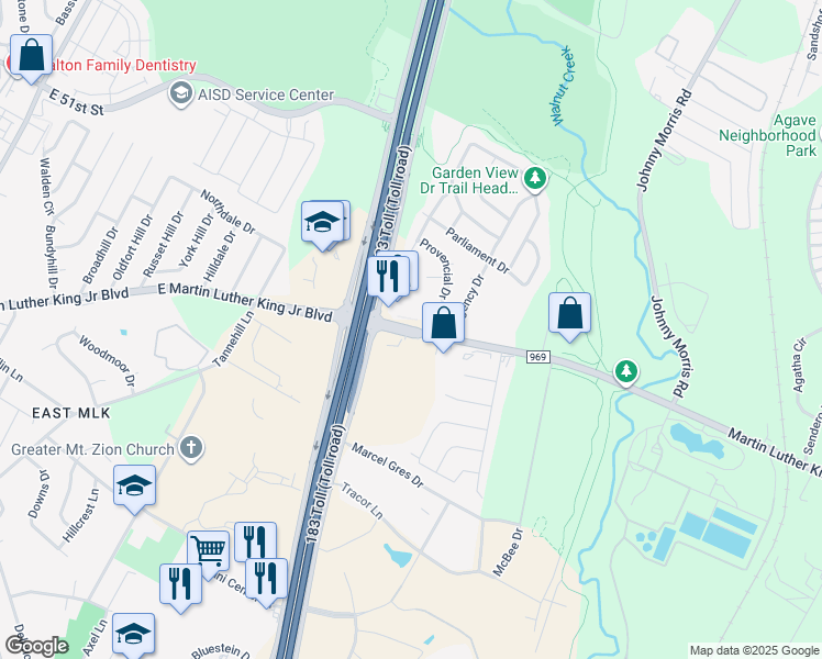 map of restaurants, bars, coffee shops, grocery stores, and more near 6121 Farm to Market 969 in Austin