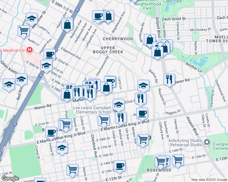 map of restaurants, bars, coffee shops, grocery stores, and more near 2610 Manor Road in Austin