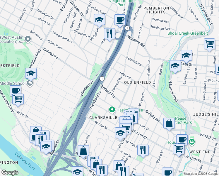 map of restaurants, bars, coffee shops, grocery stores, and more near 1802 Enfield Road in Austin
