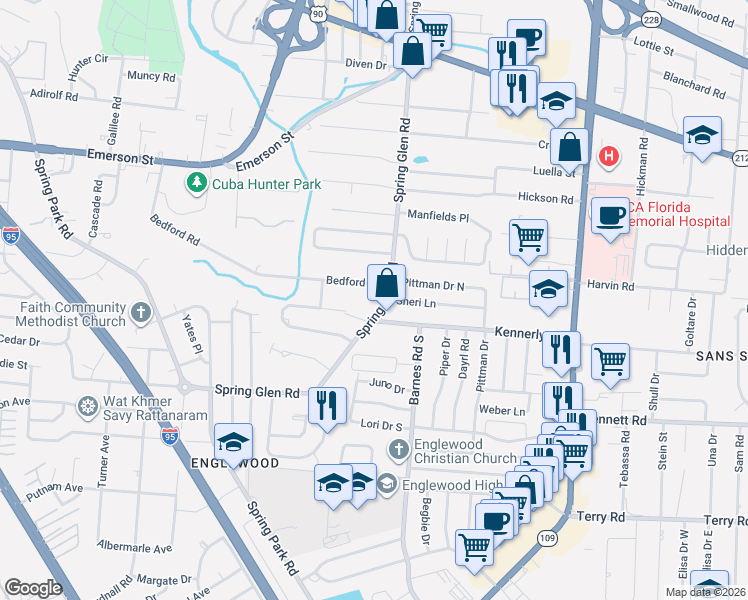 map of restaurants, bars, coffee shops, grocery stores, and more near 3959 Spring Glen Road in Jacksonville