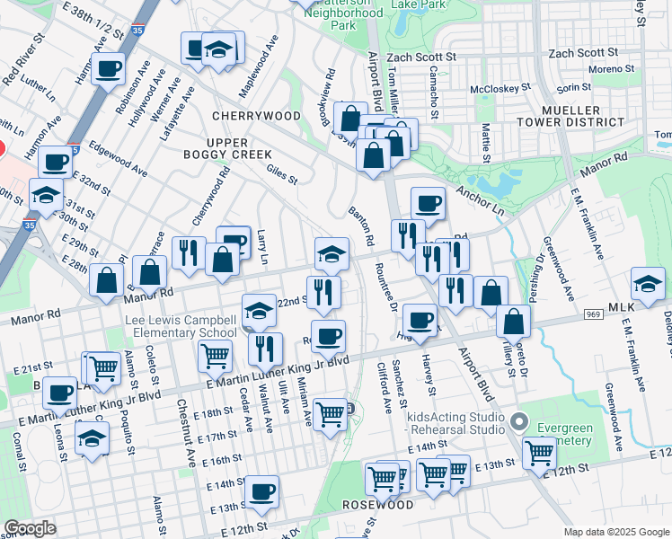 map of restaurants, bars, coffee shops, grocery stores, and more near 2901 Manor Road in Austin