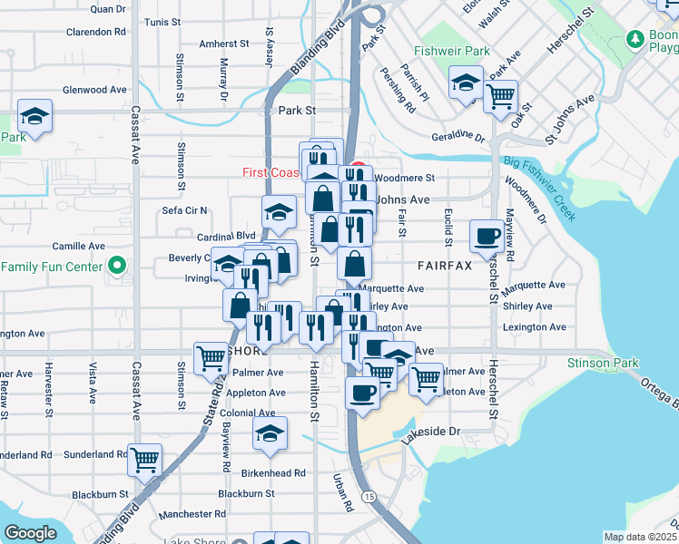 map of restaurants, bars, coffee shops, grocery stores, and more near 1818 Hamilton Street in Jacksonville