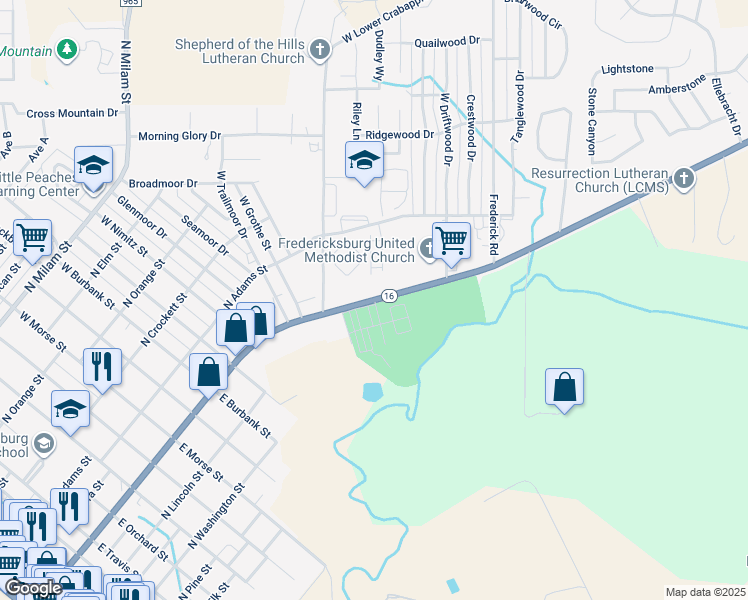 map of restaurants, bars, coffee shops, grocery stores, and more near 1700 Llano Street in Fredericksburg