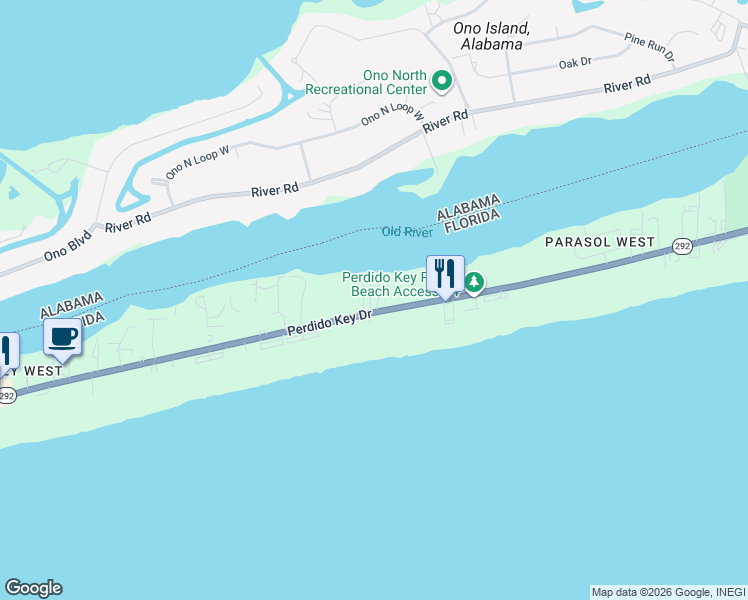 map of restaurants, bars, coffee shops, grocery stores, and more near 16685 Perdido Key Drive in Pensacola