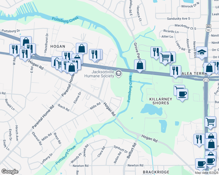 map of restaurants, bars, coffee shops, grocery stores, and more near 1819 Mills Road in Jacksonville