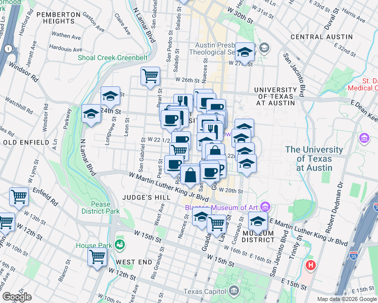map of restaurants, bars, coffee shops, grocery stores, and more near 506 West 22nd Street in Austin