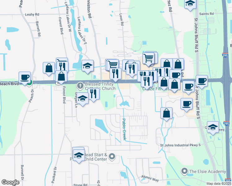 map of restaurants, bars, coffee shops, grocery stores, and more near 3425 Saland Way in Jacksonville