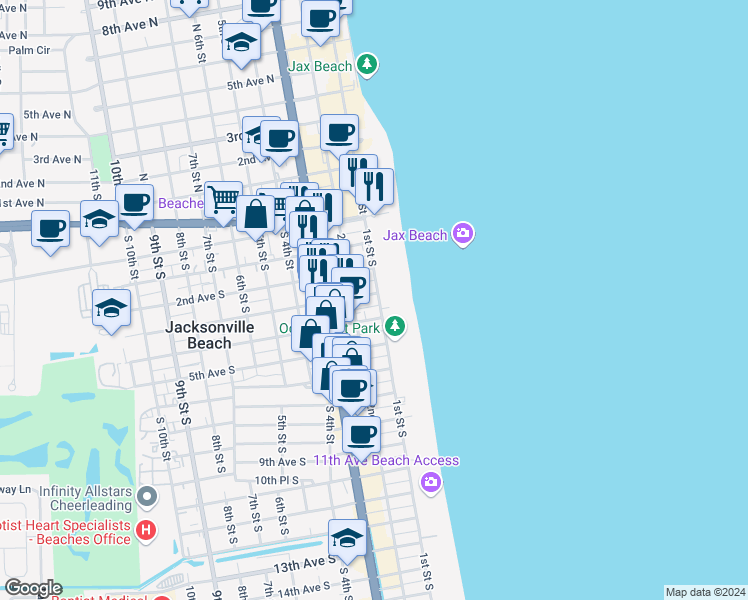 map of restaurants, bars, coffee shops, grocery stores, and more near 349 1st Street South in Jacksonville Beach