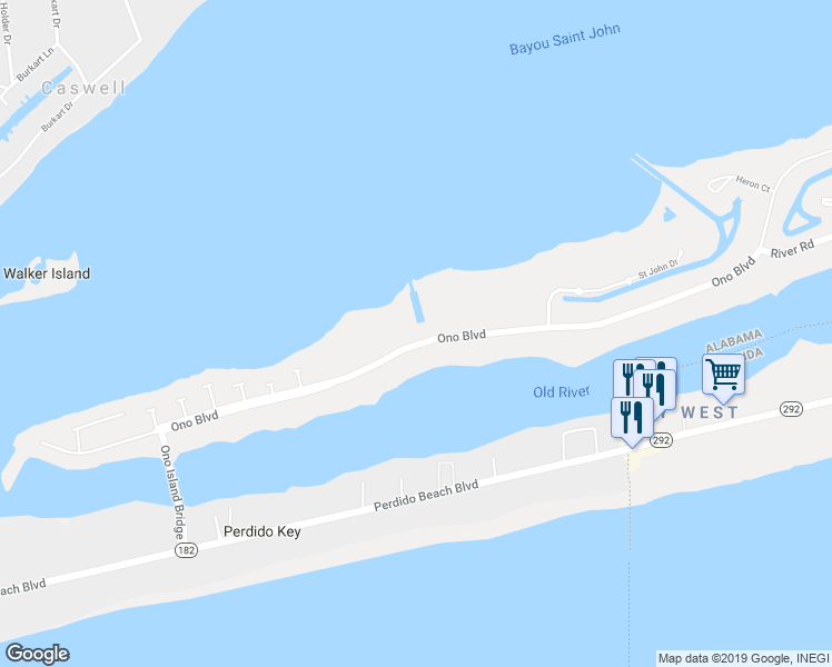 map of restaurants, bars, coffee shops, grocery stores, and more near 29241 Ono Boulevard in Orange Beach
