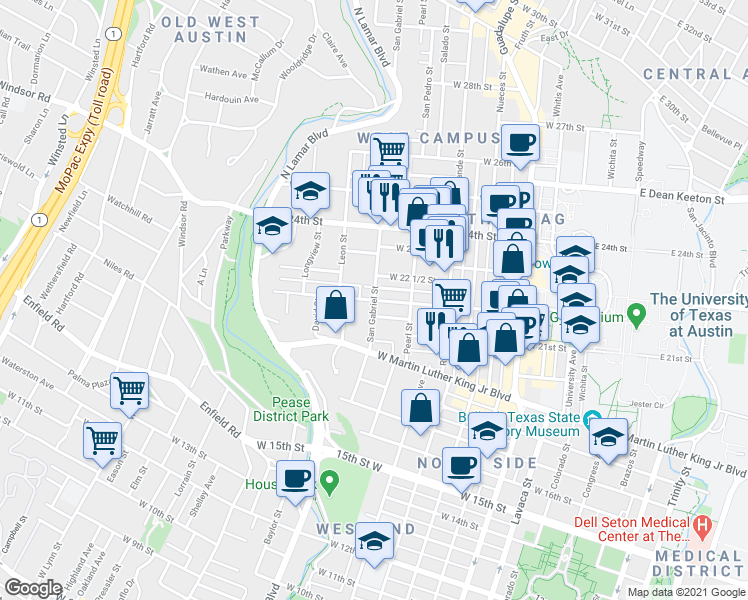 map of restaurants, bars, coffee shops, grocery stores, and more near San Gabriel St & W 22nd St in Austin