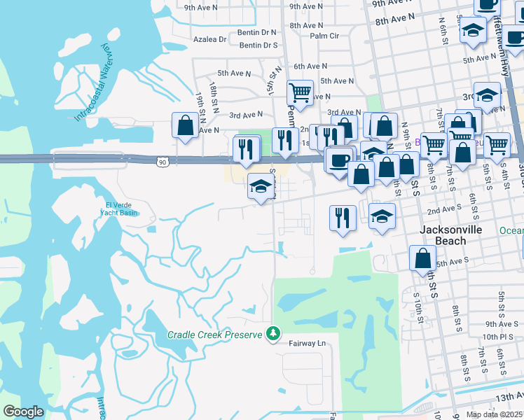 map of restaurants, bars, coffee shops, grocery stores, and more near 102 15th Street South in Jacksonville Beach