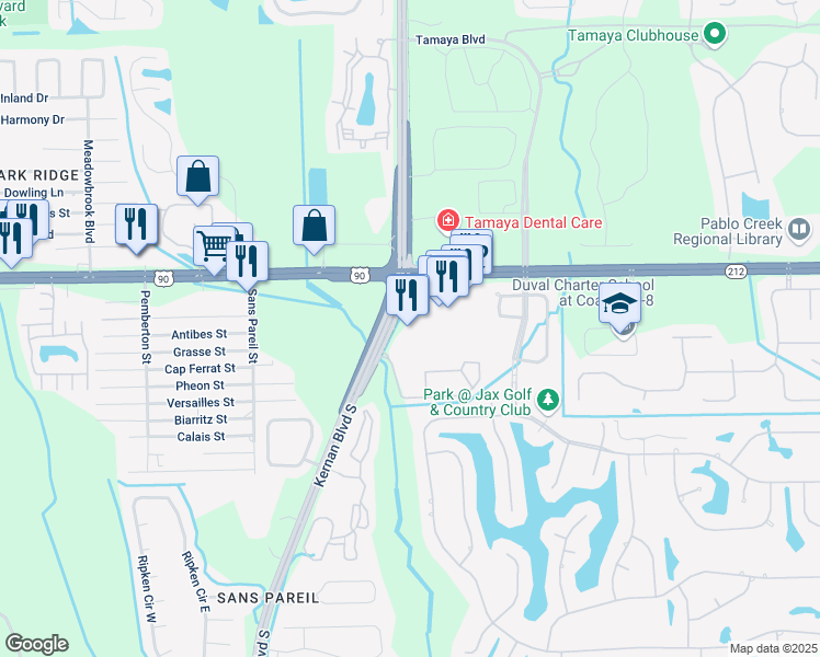 map of restaurants, bars, coffee shops, grocery stores, and more near 3503 Kernan Boulevard South in Jacksonville