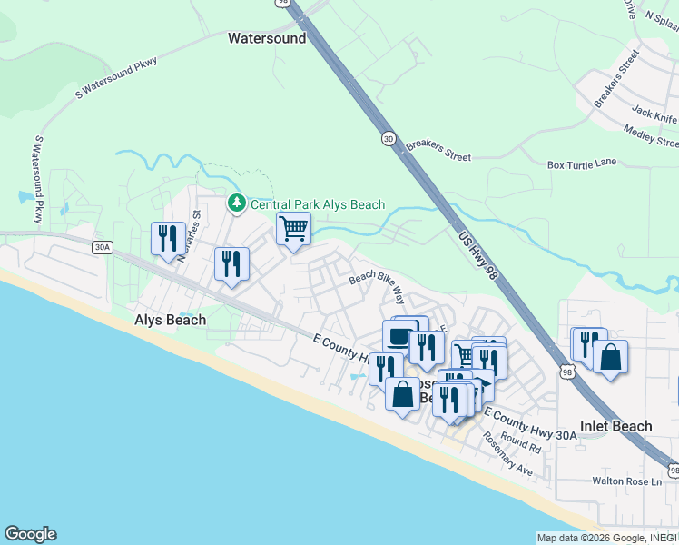 map of restaurants, bars, coffee shops, grocery stores, and more near 105 East Blue Crab Loop in Rosemary Beach