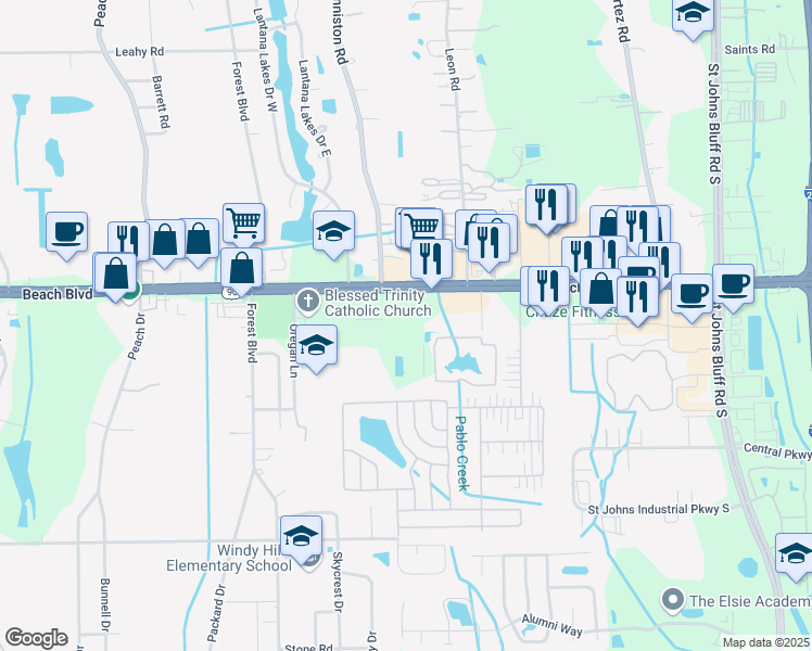 map of restaurants, bars, coffee shops, grocery stores, and more near 10700 Beach Boulevard in Jacksonville