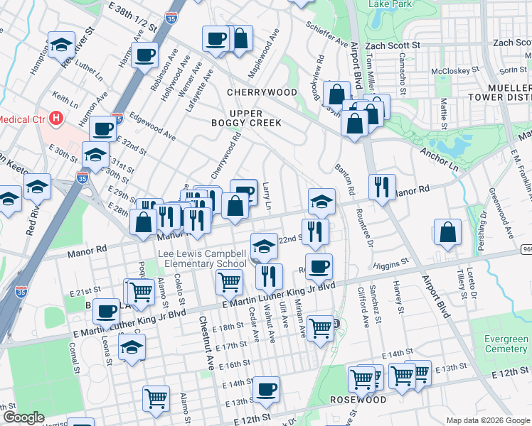 map of restaurants, bars, coffee shops, grocery stores, and more near in Austin