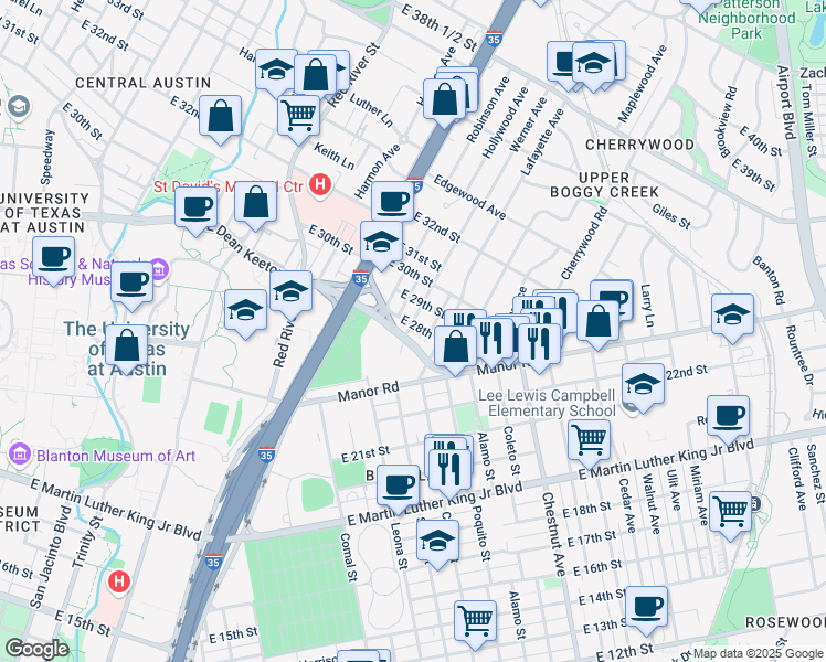 map of restaurants, bars, coffee shops, grocery stores, and more near 2702 Drury Lane in Austin