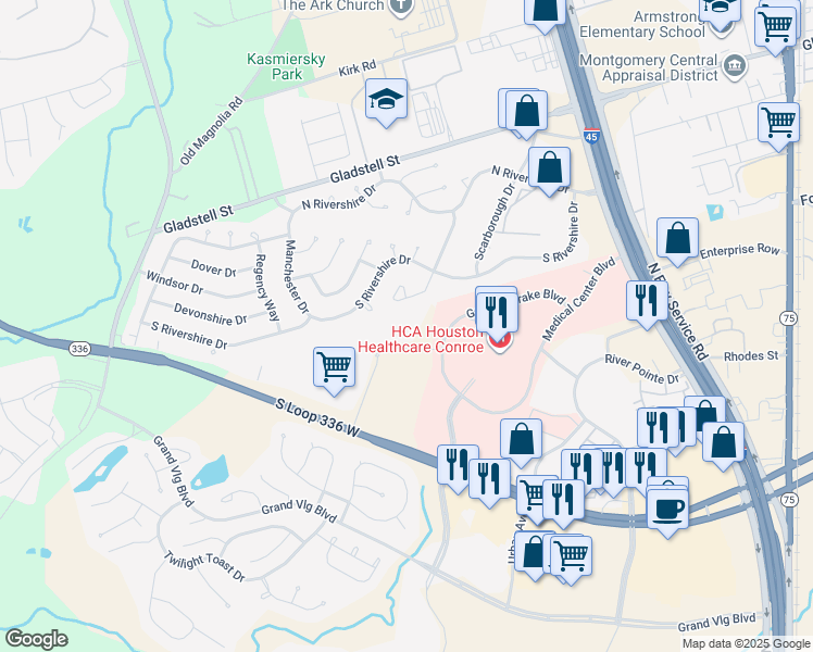 map of restaurants, bars, coffee shops, grocery stores, and more near 605 Conroe Medical Drive in Conroe