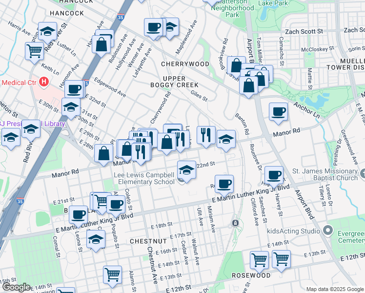 map of restaurants, bars, coffee shops, grocery stores, and more near 2610 Manor Road in Austin