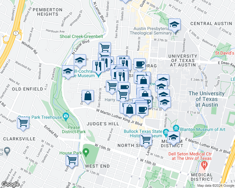 map of restaurants, bars, coffee shops, grocery stores, and more near 709 1/2 West 22nd Street in Austin