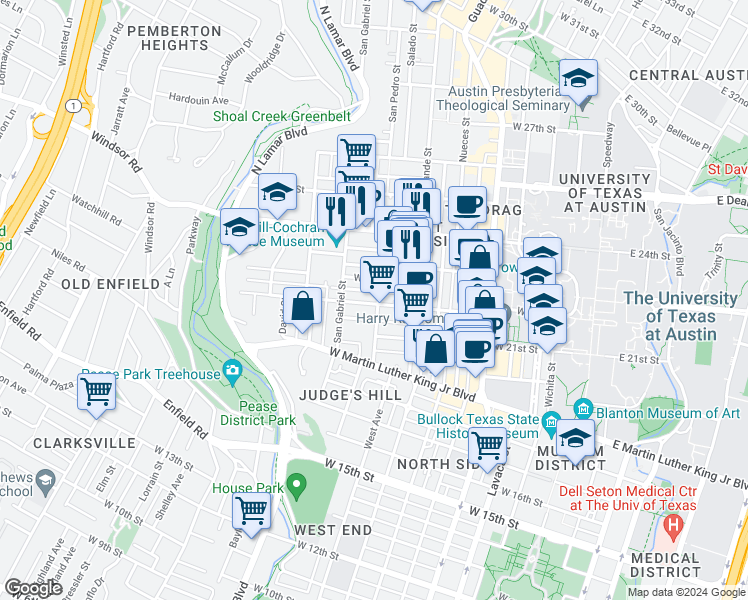 map of restaurants, bars, coffee shops, grocery stores, and more near 709 1/2 West 22nd Street in Austin