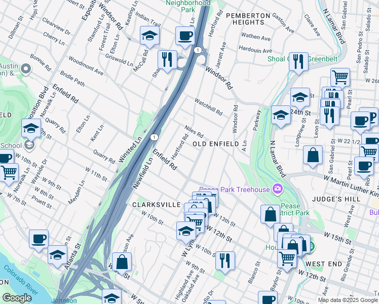 map of restaurants, bars, coffee shops, grocery stores, and more near 1700 Woodlawn Boulevard in Austin