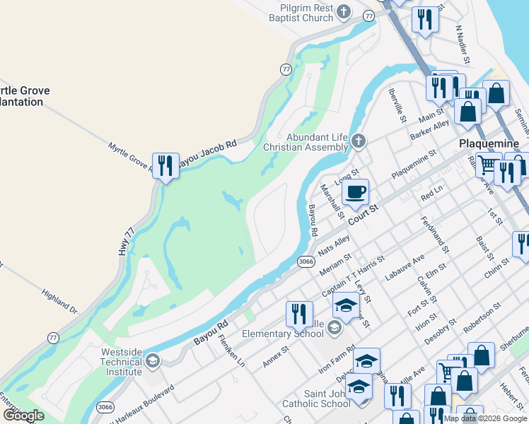 map of restaurants, bars, coffee shops, grocery stores, and more near 58795 Island Drive in Plaquemine