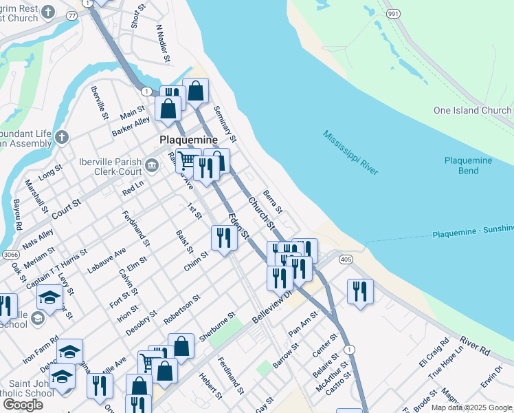 map of restaurants, bars, coffee shops, grocery stores, and more near Church Street in Plaquemine