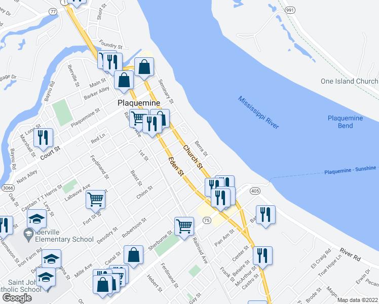 map of restaurants, bars, coffee shops, grocery stores, and more near Church Street in Plaquemine