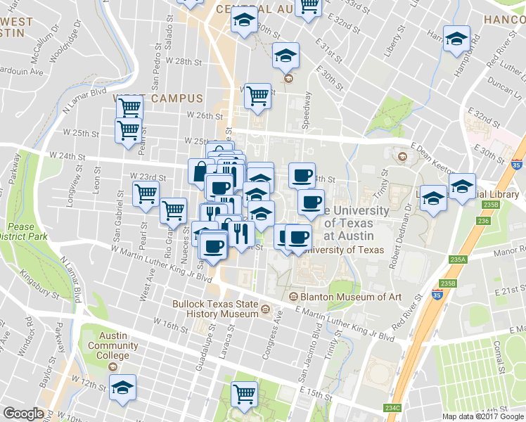 map of restaurants, bars, coffee shops, grocery stores, and more near W Mall Ut & E Mall Ut in Austin