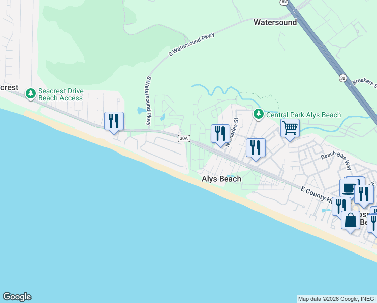map of restaurants, bars, coffee shops, grocery stores, and more near 321 Sand Cliffs Drive in Seacrest