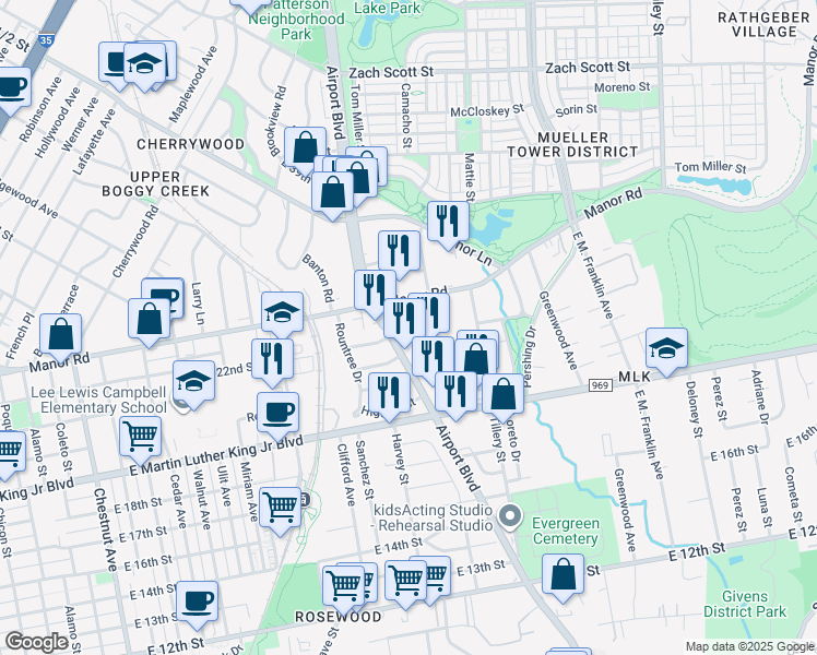 map of restaurants, bars, coffee shops, grocery stores, and more near 2101 Airport Boulevard in Austin