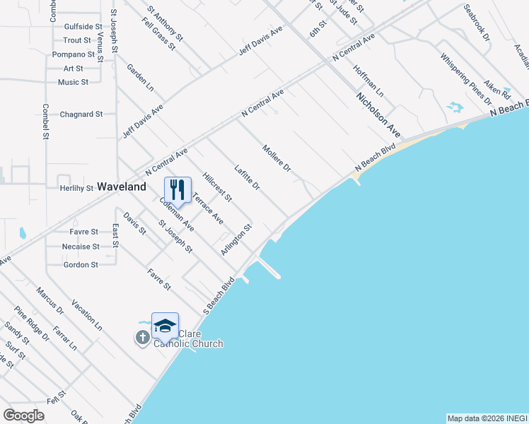 map of restaurants, bars, coffee shops, grocery stores, and more near 227 North Beach Boulevard in Waveland