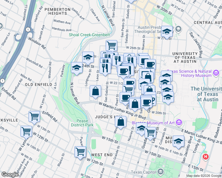 map of restaurants, bars, coffee shops, grocery stores, and more near 908 West 21st Street in Austin