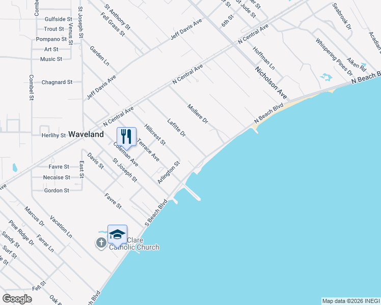 map of restaurants, bars, coffee shops, grocery stores, and more near 227 North Beach Boulevard in Waveland
