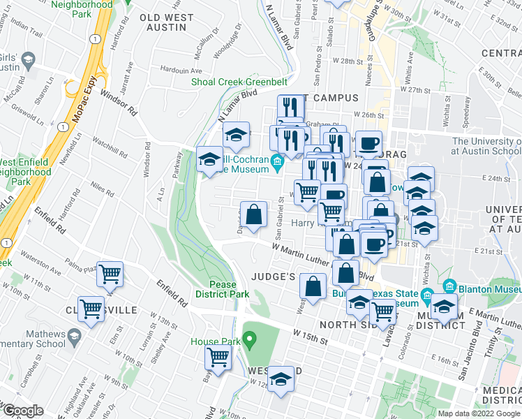 map of restaurants, bars, coffee shops, grocery stores, and more near West 22nd Street & Robbins Place in Austin
