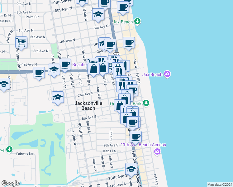 map of restaurants, bars, coffee shops, grocery stores, and more near 422 3rd Avenue South in Jacksonville Beach