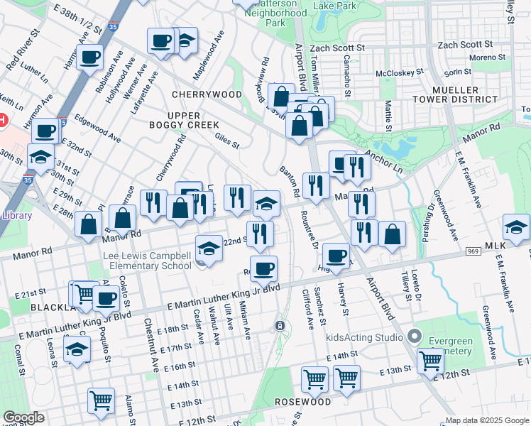 map of restaurants, bars, coffee shops, grocery stores, and more near 2901 Manor Road in Austin